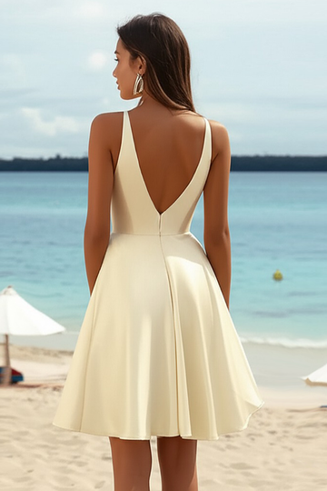 Jasnożółty Dekolt V Satynowe Krótki Boho Sukienka na Półmetek